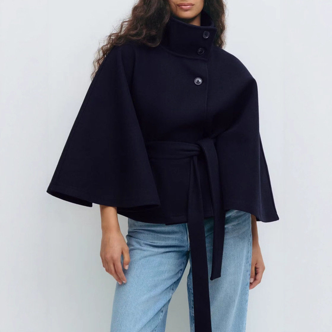 Winter High Neck Batwing Sleeve Coat With Belt Fashion Loose Elegant Button Top Trench Coat For Women Clothing - Image 10