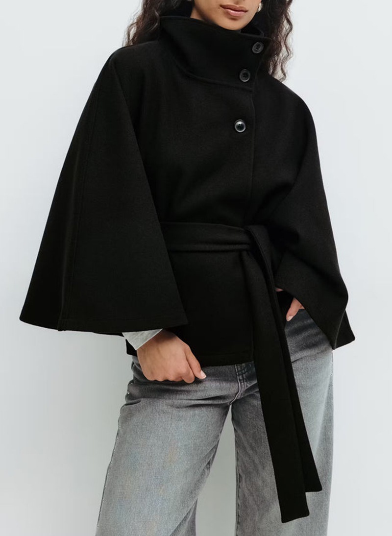 Winter High Neck Batwing Sleeve Coat With Belt Fashion Loose Elegant Button Top Trench Coat For Women Clothing - Image 3