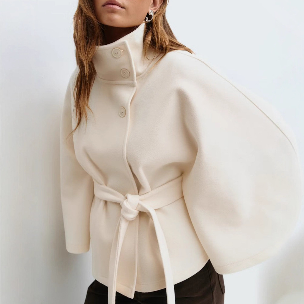 Winter High Neck Batwing Sleeve Coat With Belt Fashion Loose Elegant Button Top Trench Coat For Women Clothing - Image 8