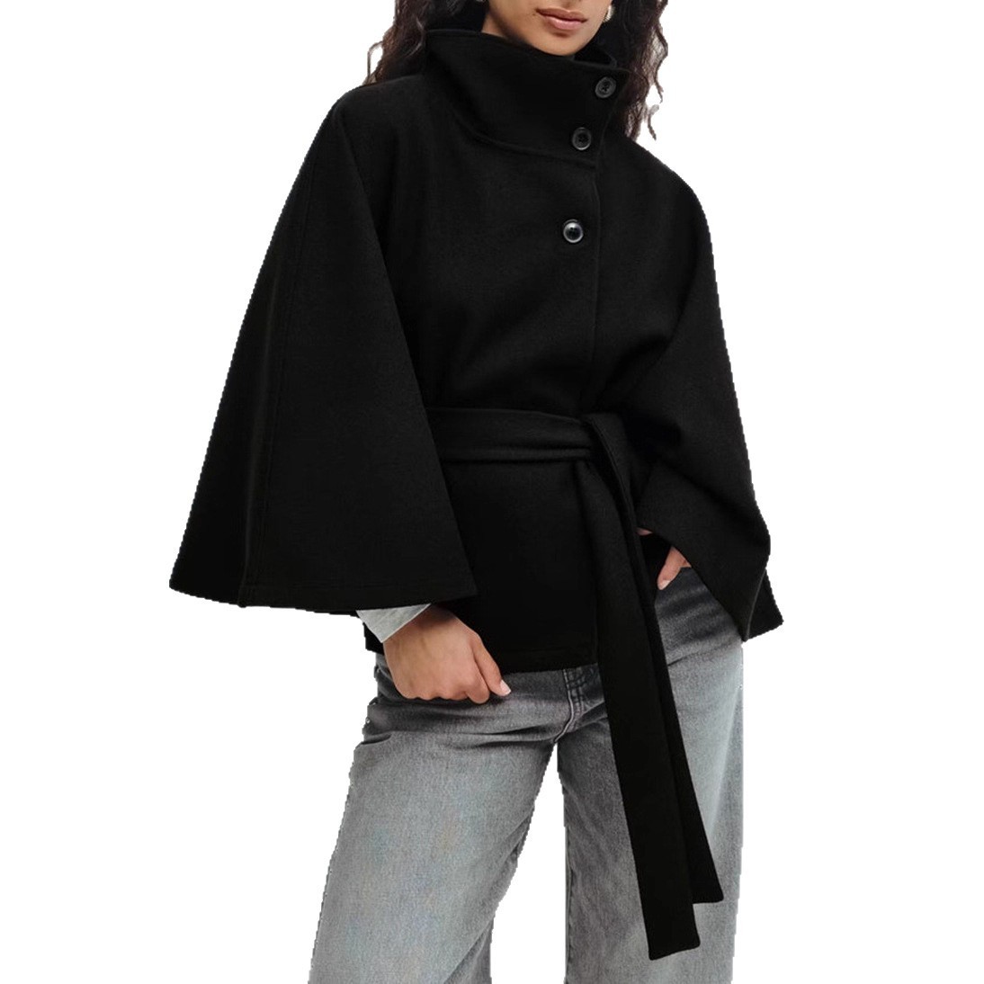 Winter High Neck Batwing Sleeve Coat With Belt Fashion Loose Elegant Button Top Trench Coat For Women Clothing - Image 6