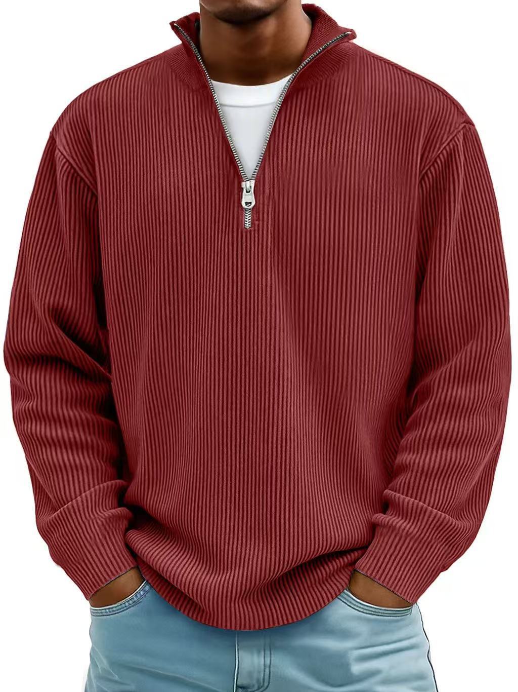 Corduroy Zipper Stand Collar Sweatshirt Fashion Warm Solid Color Long Sleeve Top Men's Casual Polo Shirt Clothing - Image 3