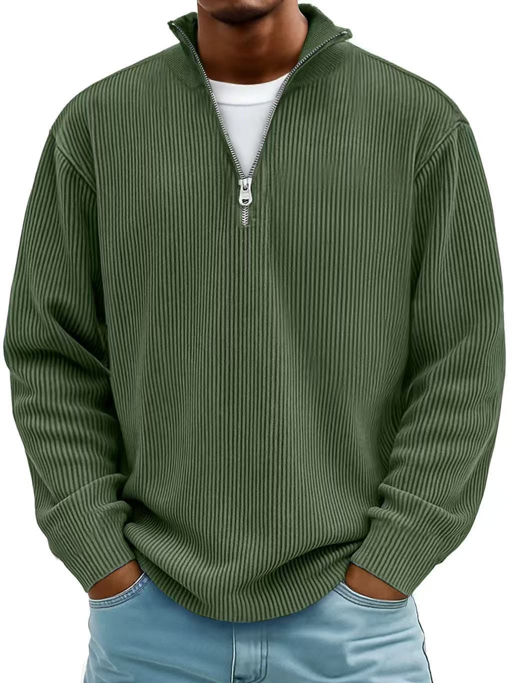 Corduroy Zipper Stand Collar Sweatshirt Fashion Warm Solid Color Long Sleeve Top Men's Casual Polo Shirt Clothing - Image 9