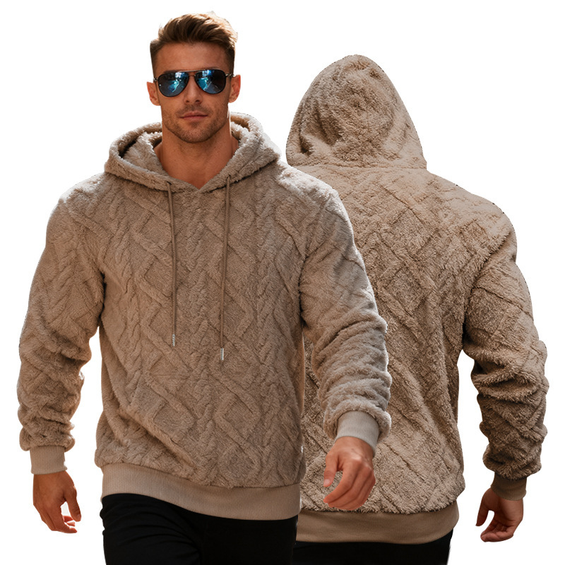 Plush Hooded Sweatshirt Winter Warm Long-sleeved Pullover Top Men's Casual Solid Color Fleece Hoodie Clothing - Image 2