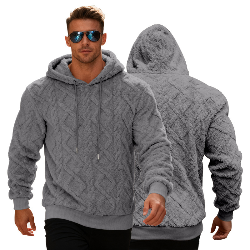 Plush Hooded Sweatshirt Winter Warm Long-sleeved Pullover Top Men's Casual Solid Color Fleece Hoodie Clothing - Image 9