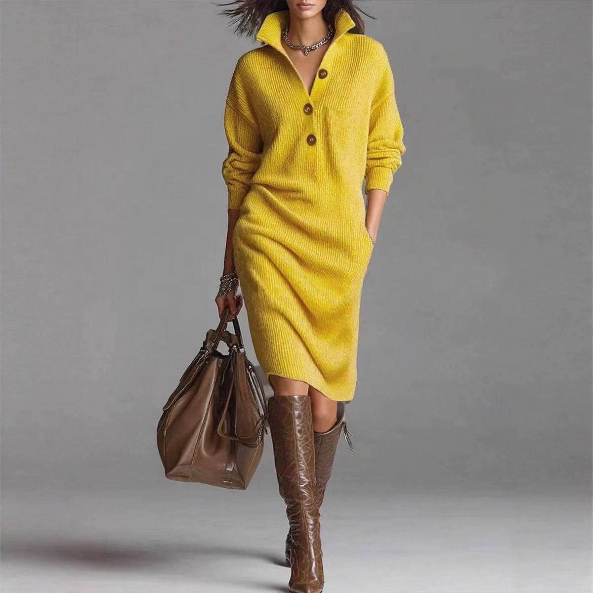 Long-sleeved Sweater Dress Fashion Warm Stand-up Collar V-neck Button Pullover Dresses Winter Casual Commuting Women's Clothing - Image 4