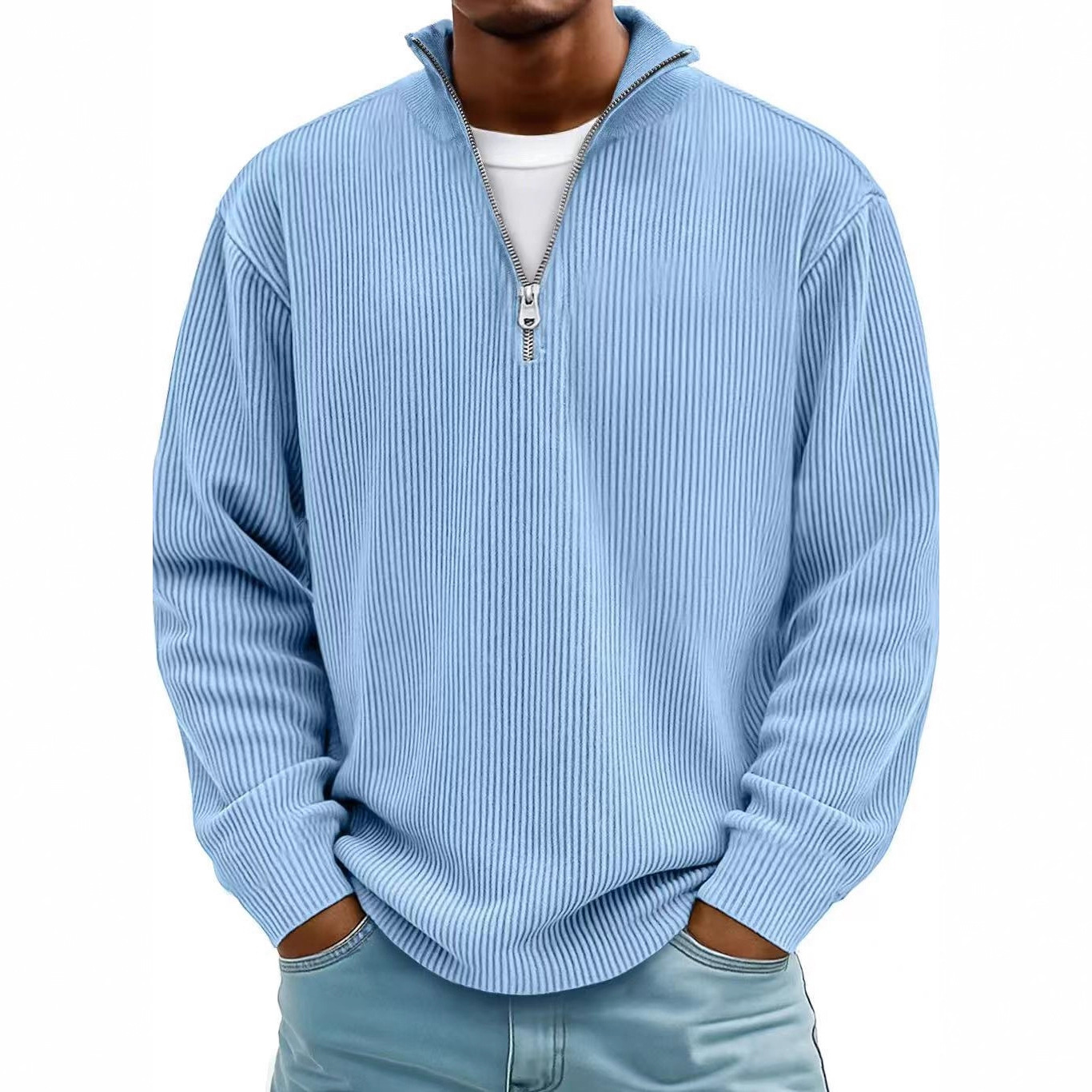 Corduroy Zipper Stand Collar Sweatshirt Fashion Warm Solid Color Long Sleeve Top Men's Casual Polo Shirt Clothing - Image 8