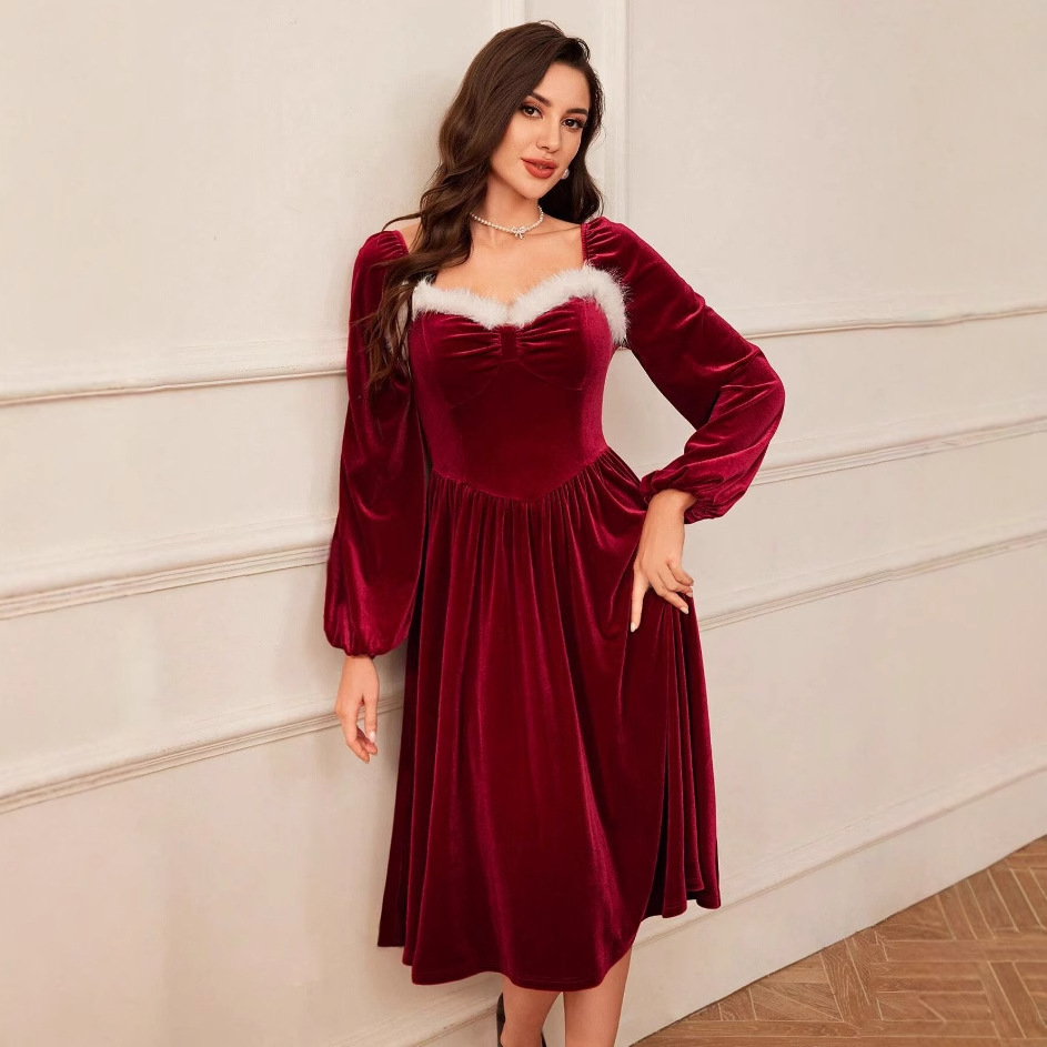 Women's Vintage Christmas Party Long Sleeve Red Velvet Dress Square Collar Dress Elegant Slimming Waist Autumn Women's Clothing - Image 4
