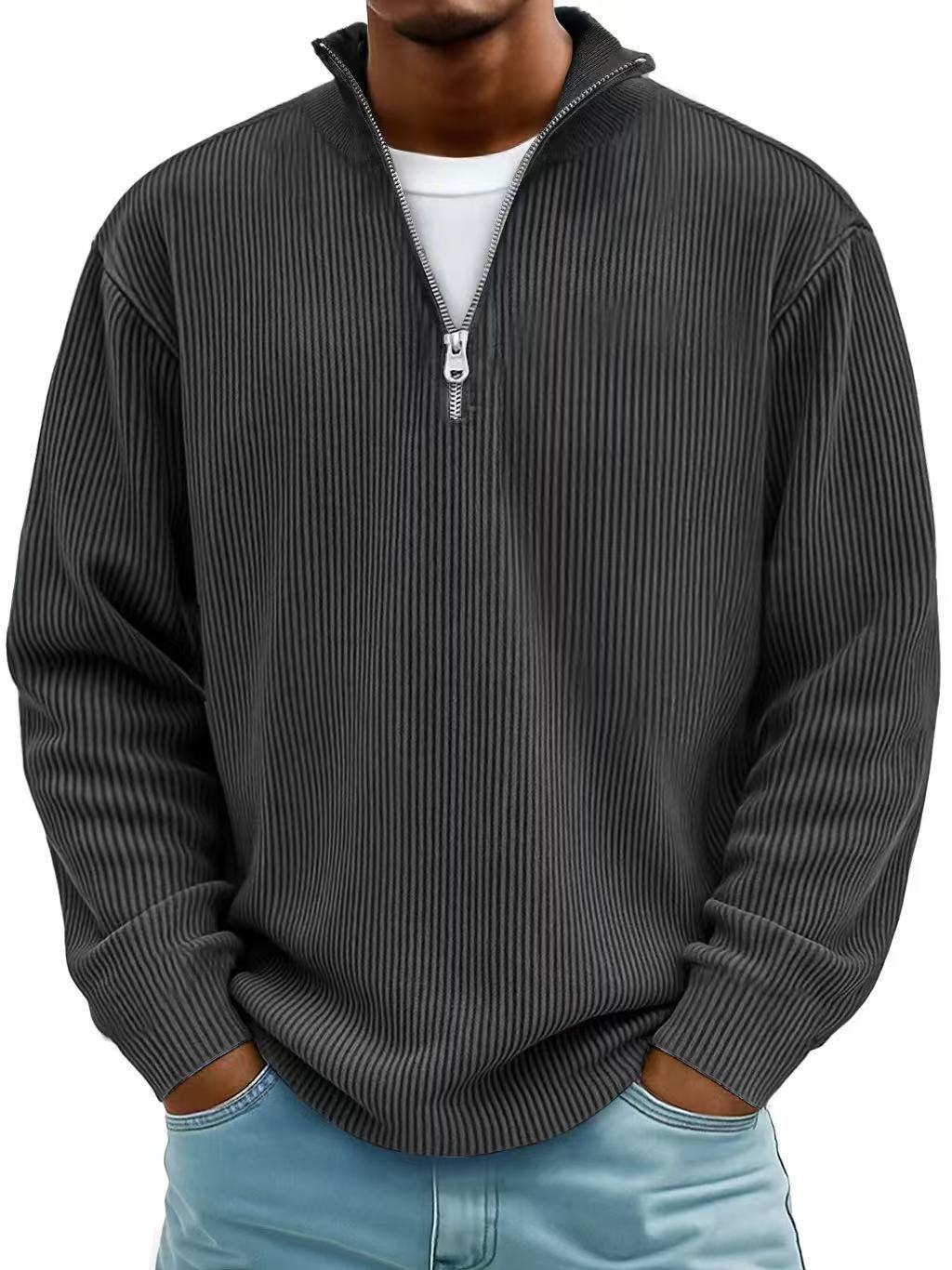 Corduroy Zipper Stand Collar Sweatshirt Fashion Warm Solid Color Long Sleeve Top Men's Casual Polo Shirt Clothing - Image 10