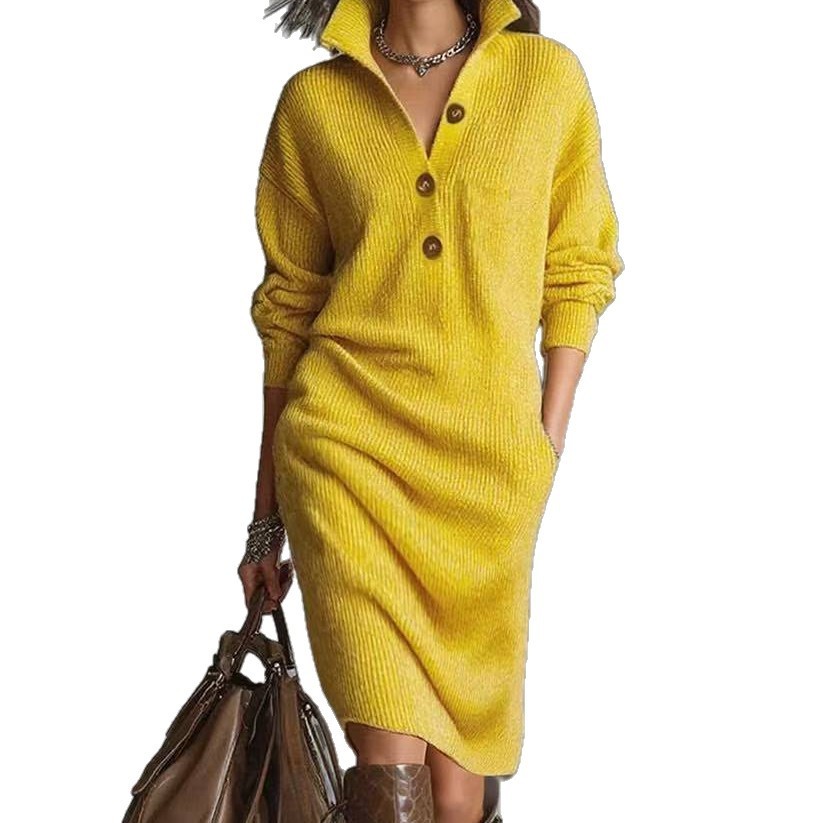 Long-sleeved Sweater Dress Fashion Warm Stand-up Collar V-neck Button Pullover Dresses Winter Casual Commuting Women's Clothing - Image 6