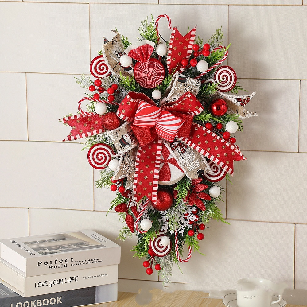Christmas Wreath Candy Upside Down Tree Garland Artificial Xmas Ornament Hpme Porch Window Door Wall Hanging Decoration - Image 2