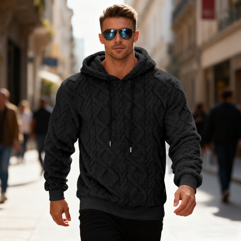 Plush Hooded Sweatshirt Winter Warm Long-sleeved Pullover Top Men's Casual Solid Color Fleece Hoodie Clothing - Image 6