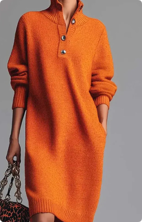 Long-sleeved Sweater Dress Fashion Warm Stand-up Collar V-neck Button Pullover Dresses Winter Casual Commuting Women's Clothing - Image 8