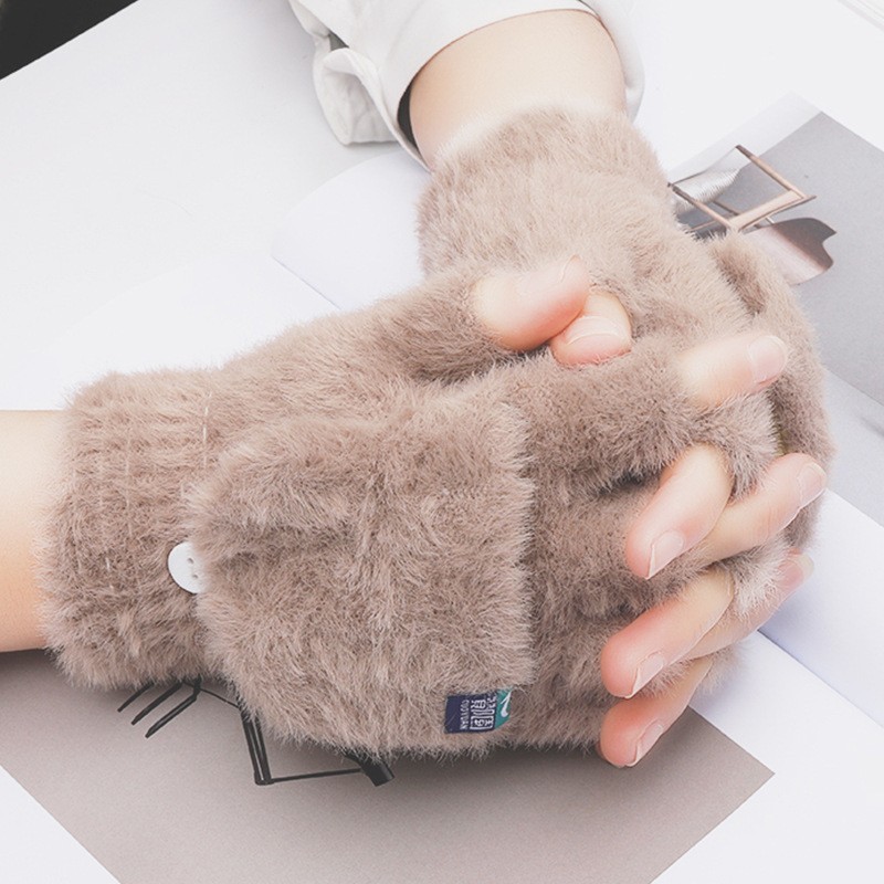 Plush Gloves Female Winter Warm Student Exposed Finger Flip Gloves Household - Image 2