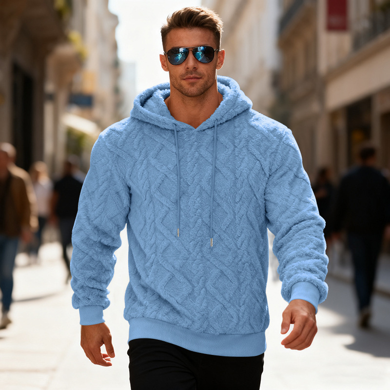 Plush Hooded Sweatshirt Winter Warm Long-sleeved Pullover Top Men's Casual Solid Color Fleece Hoodie Clothing - Image 5