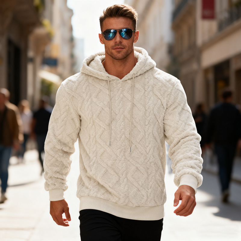 Plush Hooded Sweatshirt Winter Warm Long-sleeved Pullover Top Men's Casual Solid Color Fleece Hoodie Clothing - Image 3