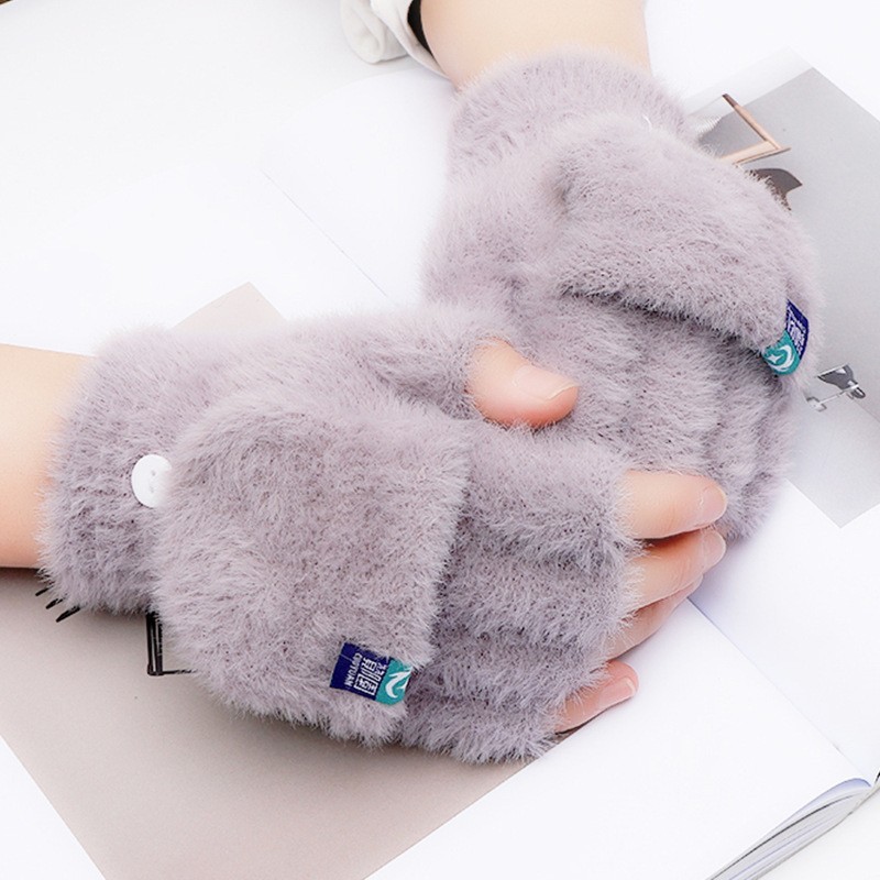 Plush Gloves Female Winter Warm Student Exposed Finger Flip Gloves Household - Image 5