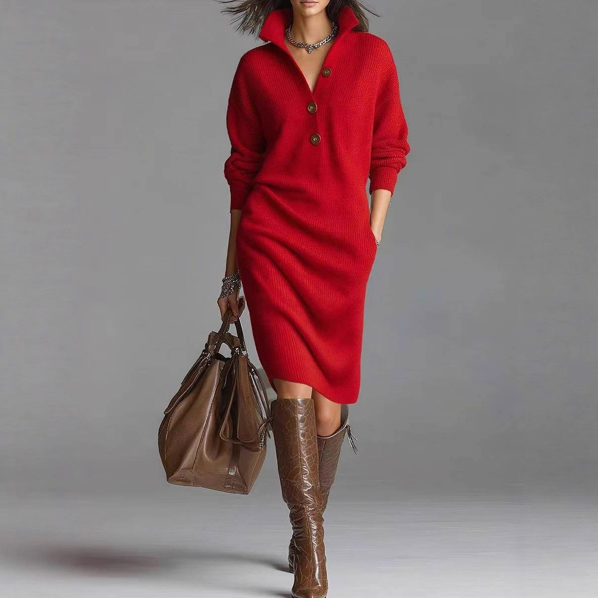 Long-sleeved Sweater Dress Fashion Warm Stand-up Collar V-neck Button Pullover Dresses Winter Casual Commuting Women's Clothing - Image 5