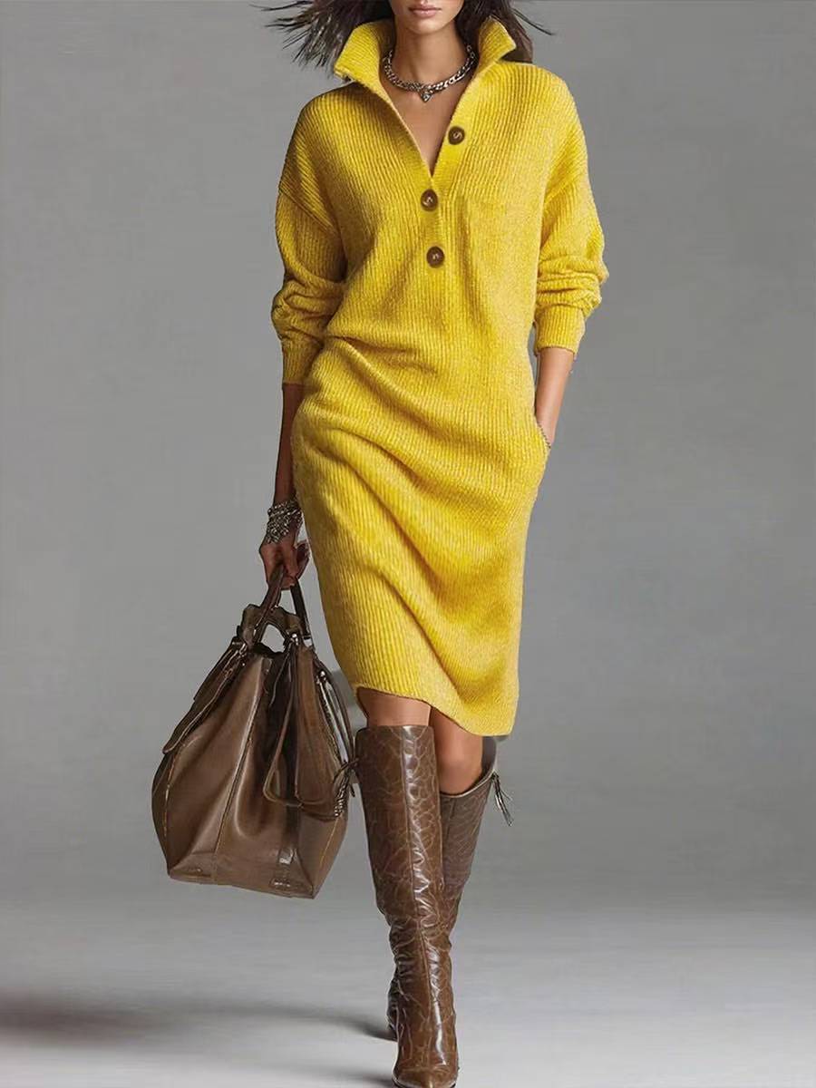Long-sleeved Sweater Dress Fashion Warm Stand-up Collar V-neck Button Pullover Dresses Winter Casual Commuting Women's Clothing - Image 2