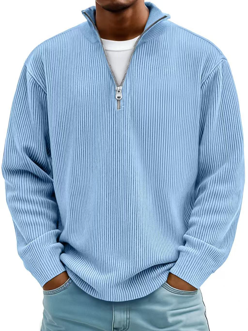 Corduroy Zipper Stand Collar Sweatshirt Fashion Warm Solid Color Long Sleeve Top Men's Casual Polo Shirt Clothing - Image 7