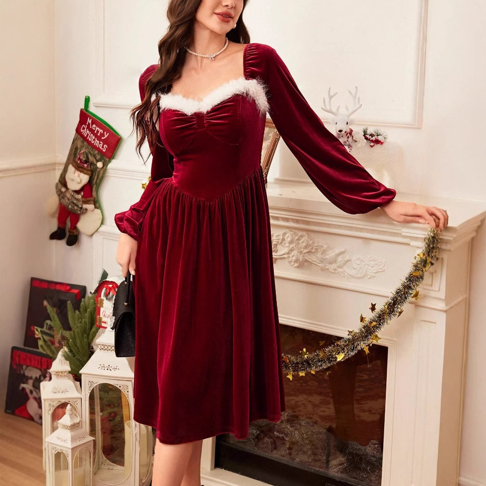 Women's Vintage Christmas Party Long Sleeve Red Velvet Dress Square Collar Dress Elegant Slimming Waist Autumn Women's Clothing - Image 7