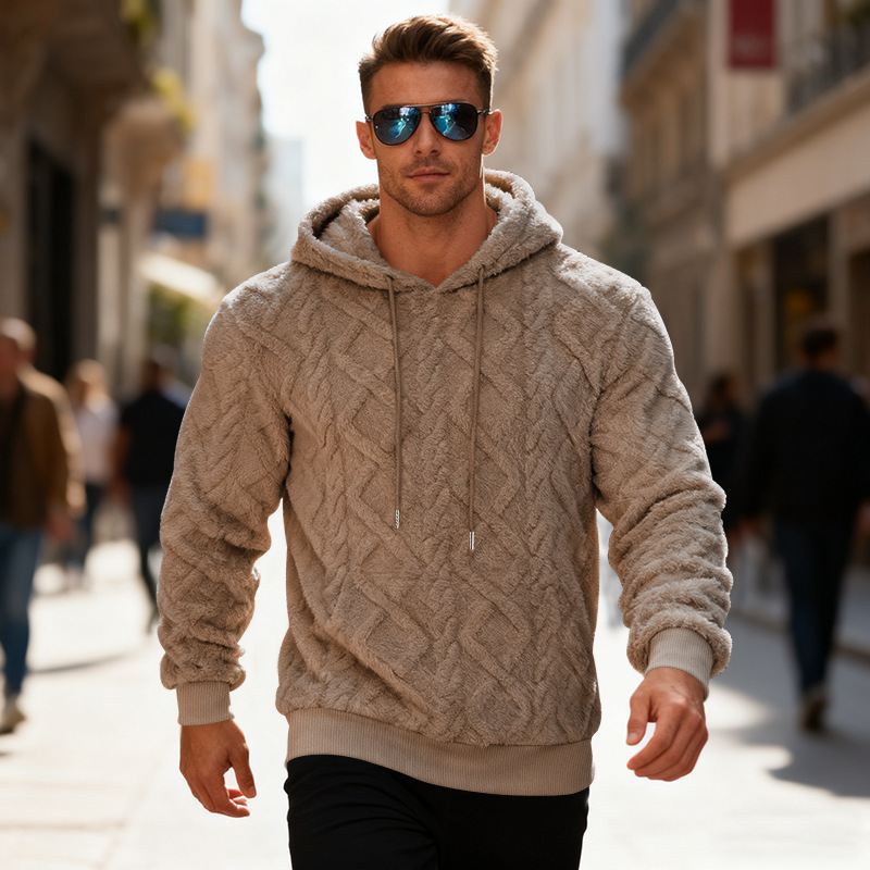 Plush Hooded Sweatshirt Winter Warm Long-sleeved Pullover Top Men's Casual Solid Color Fleece Hoodie Clothing - Image 10