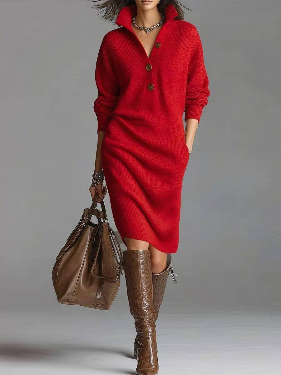 Long-sleeved Sweater Dress Fashion Warm Stand-up Collar V-neck Button Pullover Dresses Winter Casual Commuting Women's Clothing - Image 7