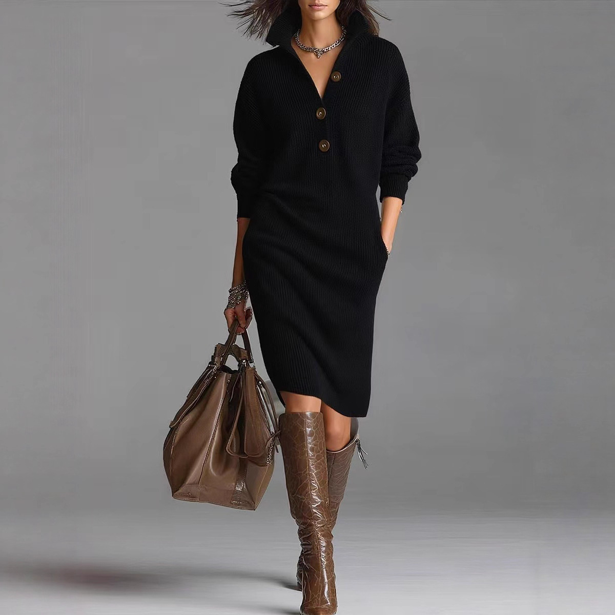 Long-sleeved Sweater Dress Fashion Warm Stand-up Collar V-neck Button Pullover Dresses Winter Casual Commuting Women's Clothing - Image 10