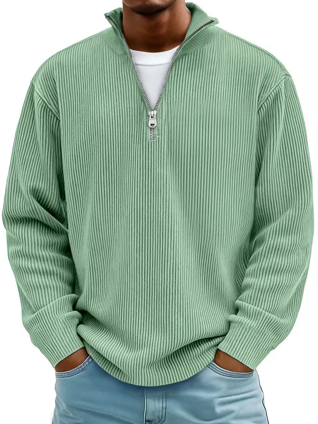 Corduroy Zipper Stand Collar Sweatshirt Fashion Warm Solid Color Long Sleeve Top Men's Casual Polo Shirt Clothing - Image 4