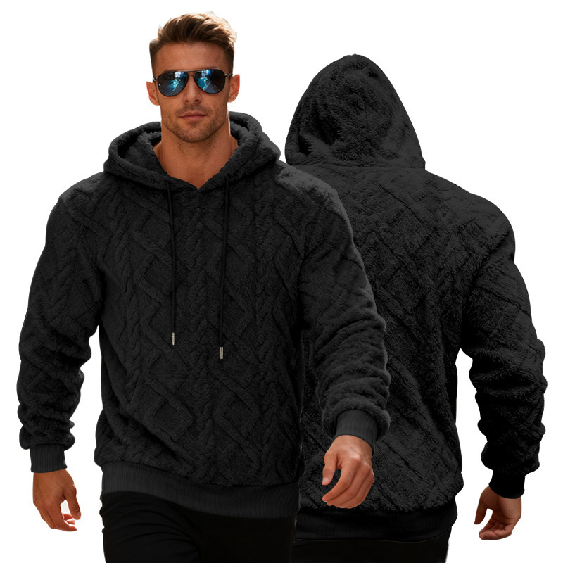 Plush Hooded Sweatshirt Winter Warm Long-sleeved Pullover Top Men's Casual Solid Color Fleece Hoodie Clothing - Image 4