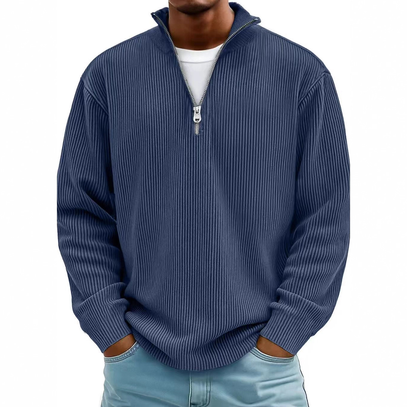 Corduroy Zipper Stand Collar Sweatshirt Fashion Warm Solid Color Long Sleeve Top Men's Casual Polo Shirt Clothing - Image 2