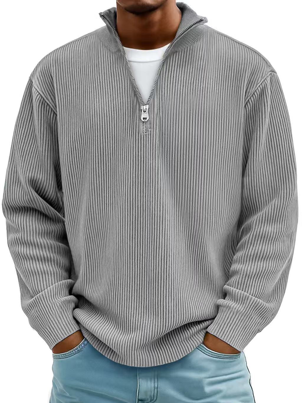 Corduroy Zipper Stand Collar Sweatshirt Fashion Warm Solid Color Long Sleeve Top Men's Casual Polo Shirt Clothing - Image 5