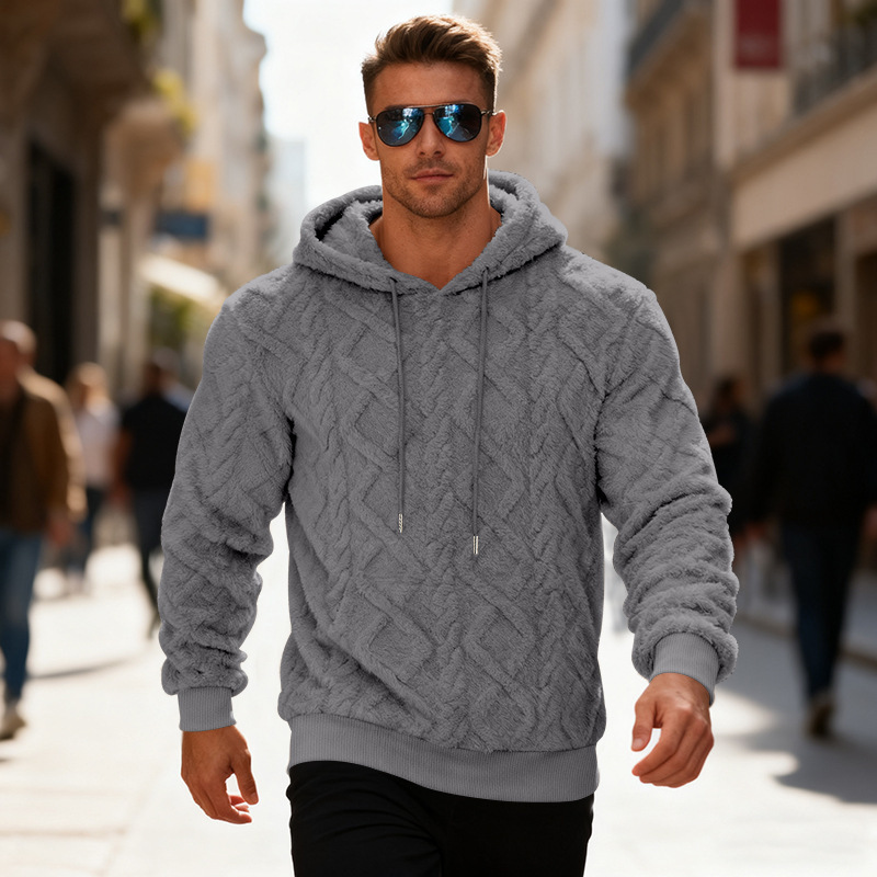 Plush Hooded Sweatshirt Winter Warm Long-sleeved Pullover Top Men's Casual Solid Color Fleece Hoodie Clothing - Image 7