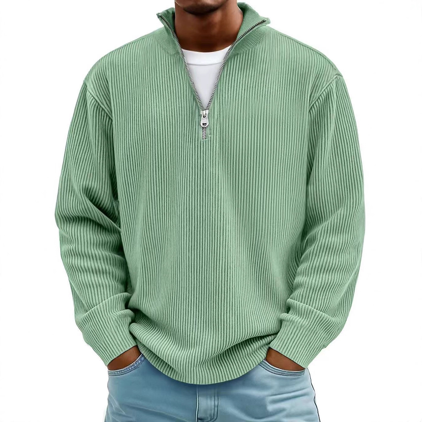 Corduroy Zipper Stand Collar Sweatshirt Fashion Warm Solid Color Long Sleeve Top Men's Casual Polo Shirt Clothing - Image 6